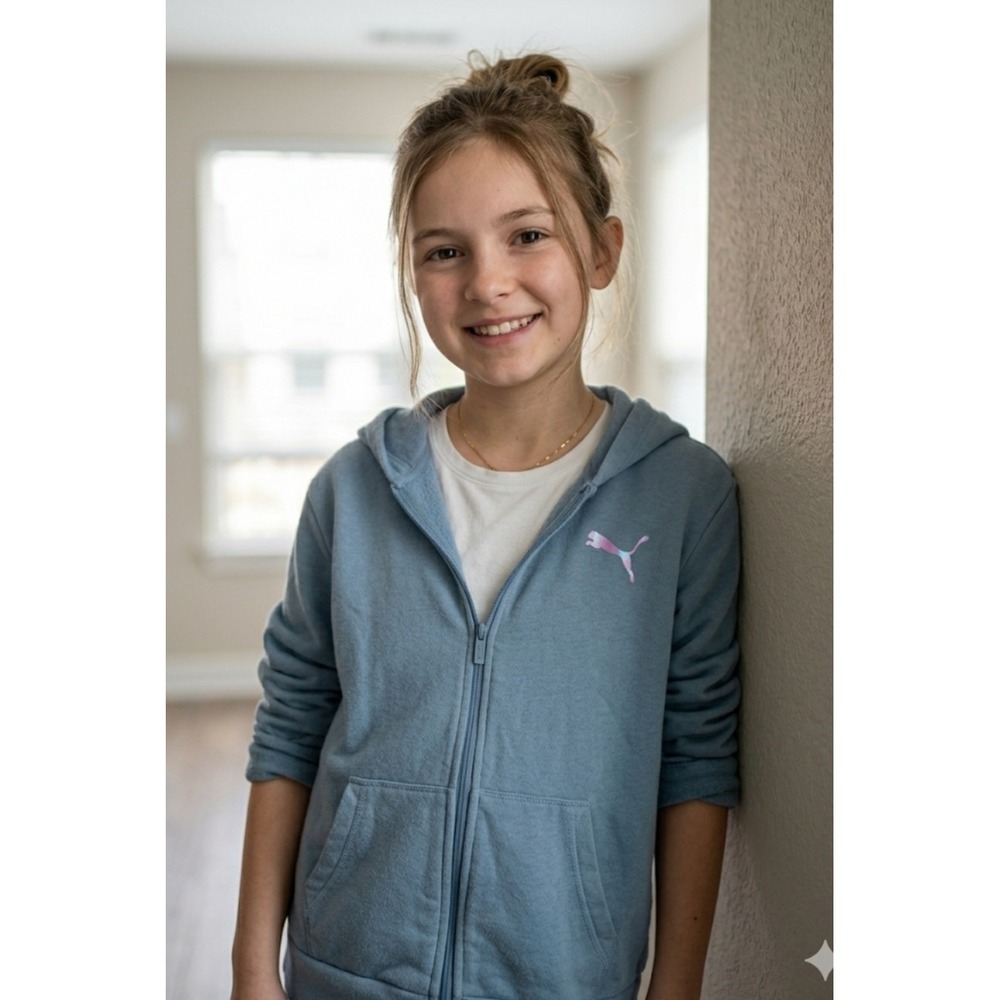 Puma Girls Blue Full Zip Fleece Hoodie Iridescent Logo PGF20-00790 Size Large